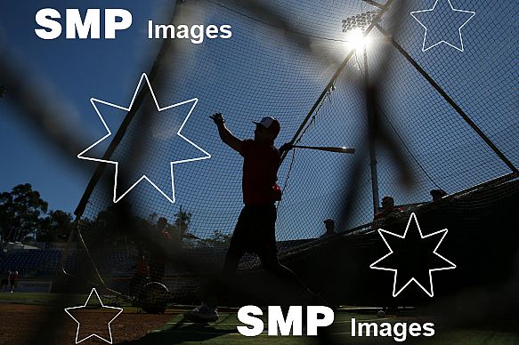 Players from the Perth Heat warm up during batting practice before the game PHOTO: James Worsfold / SMP IMAGES / Baseball Australia | Action from the Australian Baseball League 2019/20 Round 2 clash between the Perth Heat v Canberra Cavalry played at